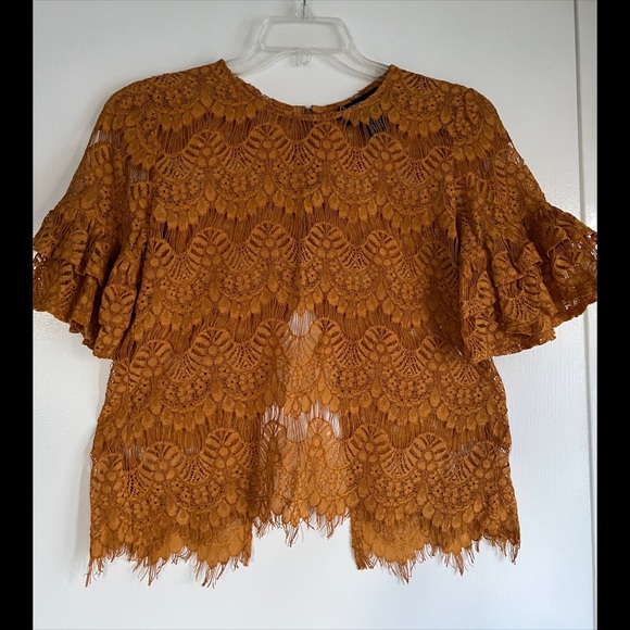 Inny Tops - Golden Brown Eyelash Lace Ruffle Sleeve Top